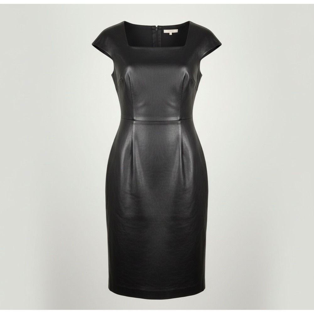Maison Ullens Black Lambskin Leather Sheath Dress Italy Size 40 Square Neck LBD